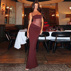 Vestido longo com recorte rendado